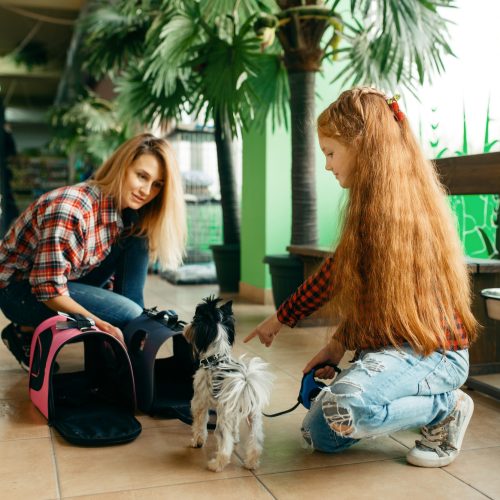 Mother with daughter choosing bag in pet store